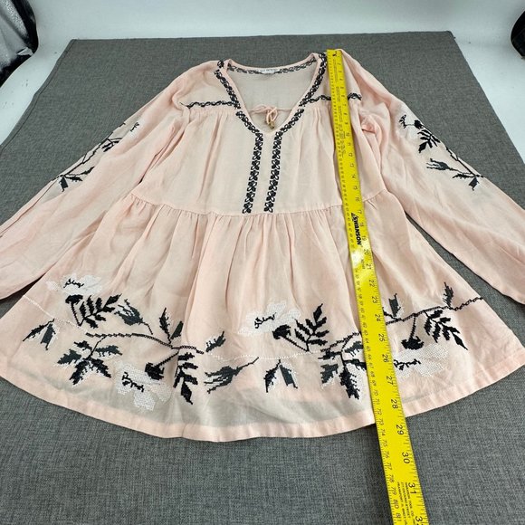 Venus Peachy Pink Top Embroidered Long Sleeve Boho Loose Fit Pleated Small - Picture 8 of 16